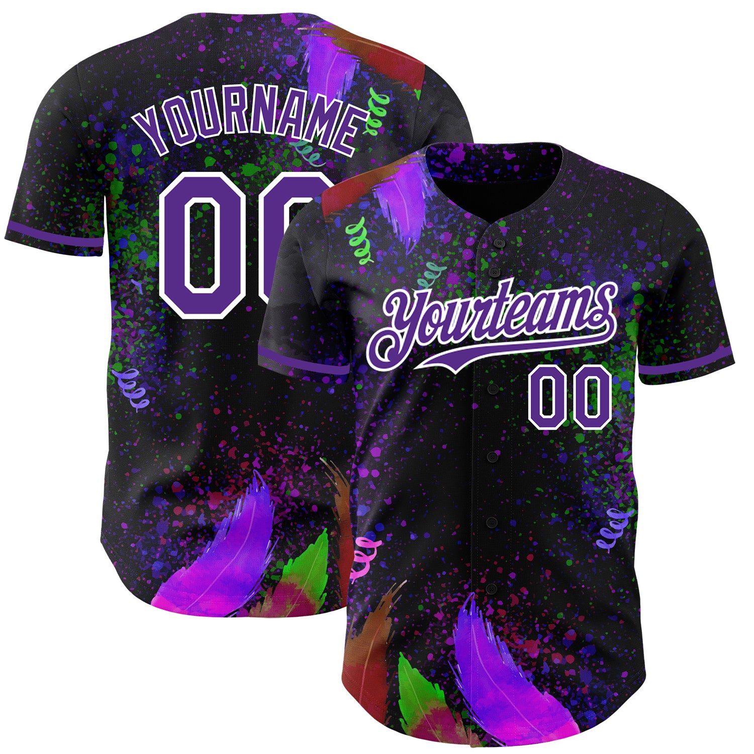 Personalized 3D Holi Festival Color Powder Baseball Jersey in Black Purple White Personalized Black Purple-White 3D Holi