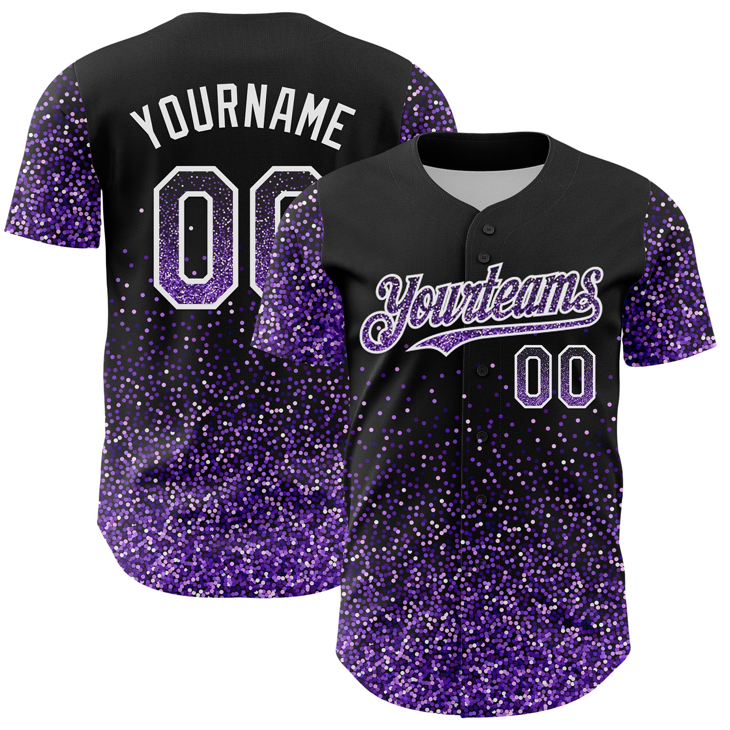 Customizable 3D Glittering Dot Baseball Jersey with Team Name and Number - Black Purple White Abstract Design Personalized