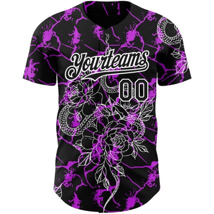 Custom Animal Snake Baseball Jersey with 3D Black Purple-White Pattern, Personalize Name & Number Personalized Black Purple-White
