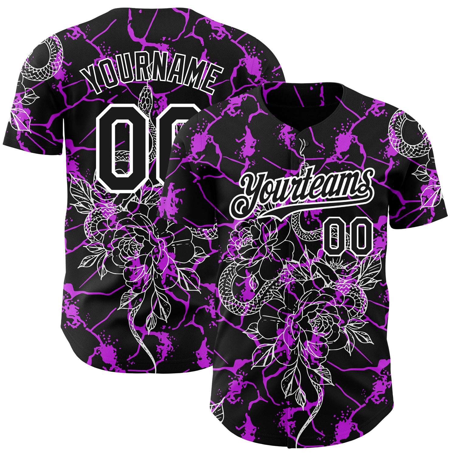 Custom Animal Snake Baseball Jersey with 3D Black Purple-White Pattern, Personalize Name & Number Personalized Black Purple-White