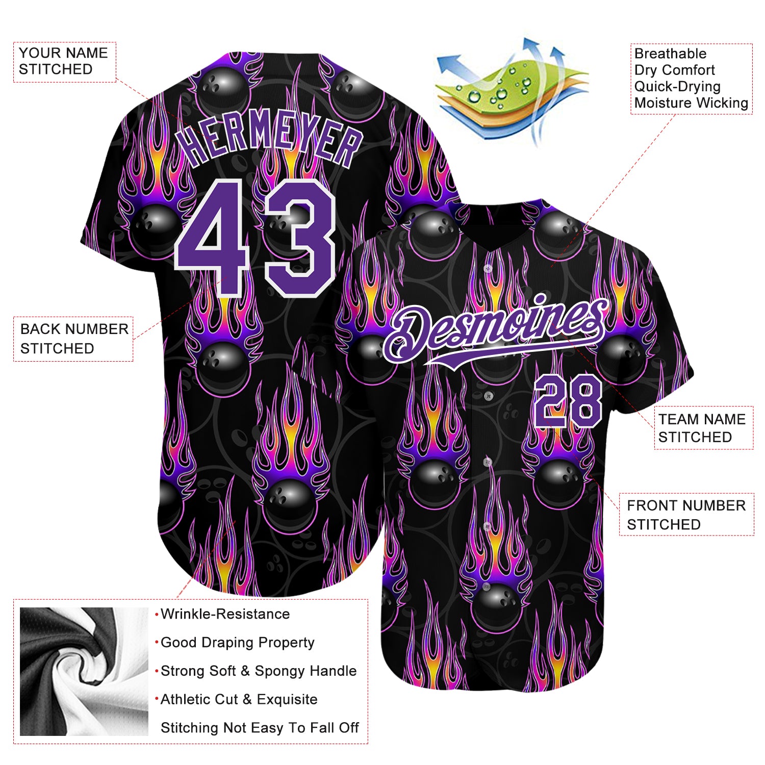 Personalized Black Purple-White 3D Pattern Design Bowling Ball With Hotrod Flame Authentic Baseball Jersey Team Custom Name and Number Personalized Bowling Ball with 3D Black Purple White Pattern and Custom Name Number - Hotrod Flame Baseball Jersey Personalized - Image 3