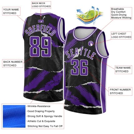 Customized 3D Torn Paper Style Basketball Jersey Black Purple White Design Personalized Black Purple-White 3D Pattern Design