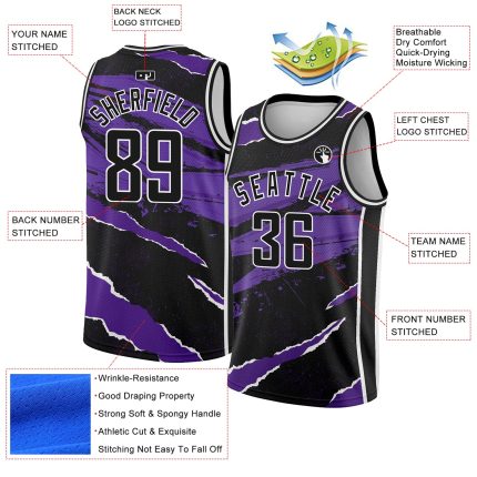 Custom Basketball Jersey with 3D Torn Paper Design - Personalized Black Purple-White Team Name and Number Personalized Black