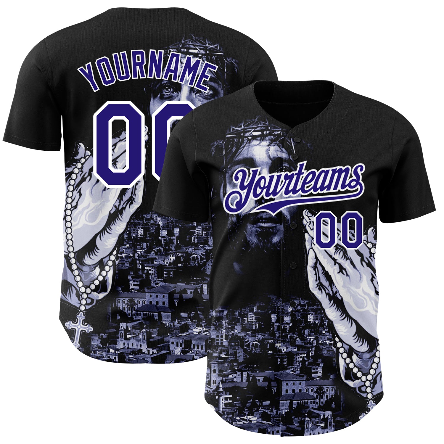 Personalized Jesus Christ Baseball Jersey - Black Purple White 3D Design Personalized Black Purple-White 3D Religion Jesus