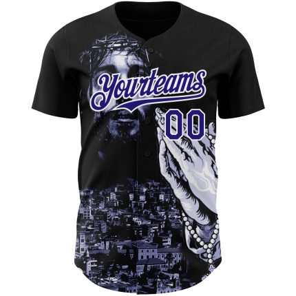 Personalized Jesus Christ Baseball Jersey - Black Purple White 3D Design Personalized Black Purple-White 3D Religion Jesus