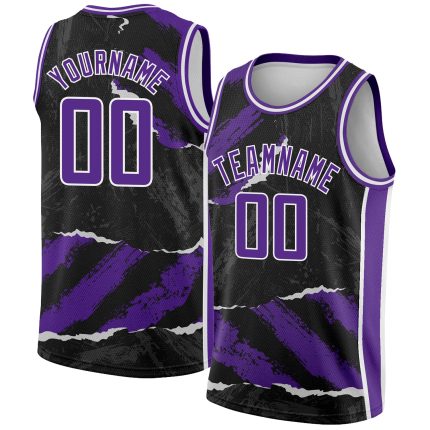 Custom 3D Torn Paper Basketball Jersey - Black Purple White, Personalized Design, Size 2 Personalized Black Purple-White
