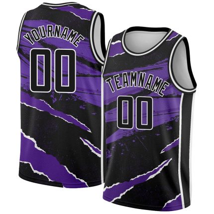 Personalized 3D Torn Paper Style Basketball Jersey Black Purple White Personalized Black Purple-White 3D Torn Paper Style