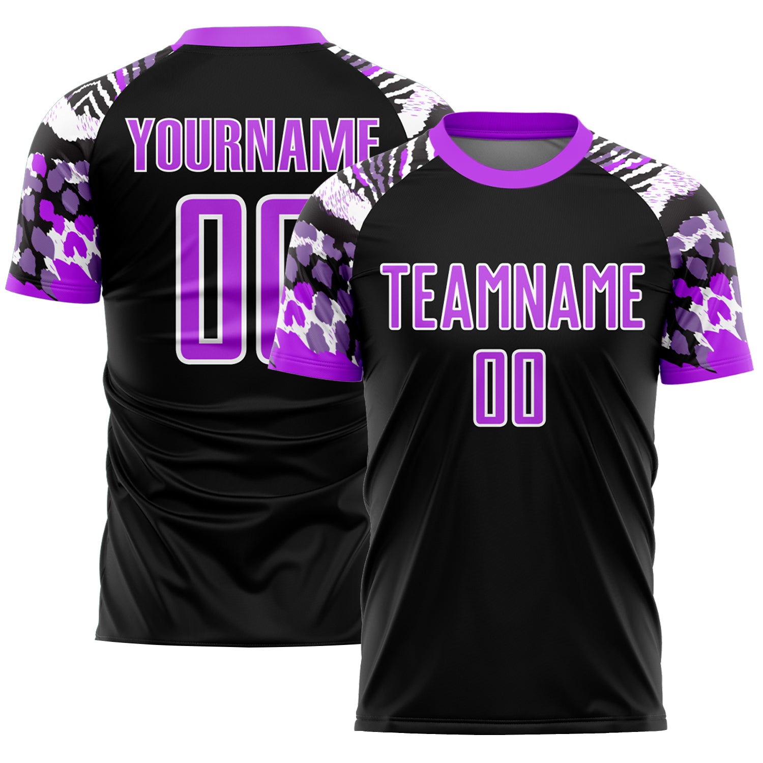Personalized Animal Print Soccer Jersey in Black Purple-White Sublimation Design Personalized Black Purple-White Animal Print