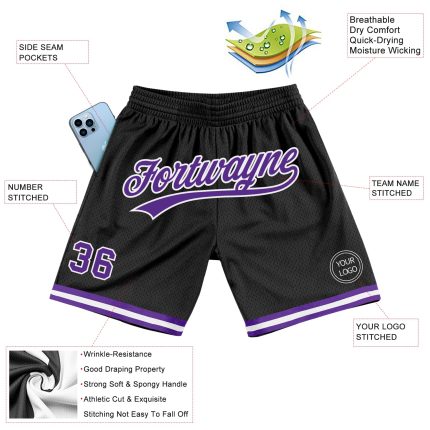 Personalized Black Purple White Throwback Basketball Shorts - Authentic Athletic Wear Personalized Black Purple-White Authentic