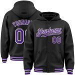 Custom Team Name Number Bomber Hoodie Jacket Black Purple White Varsity Full-Snap Personalized Personalized Black Purple-White