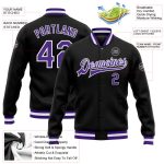 Personalized Black Purple White Varsity Letterman Bomber Jacket Full-Snap 2 Personalized Black Purple-White Bomber Full-Snap