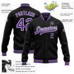 Personalized Varsity Letterman Jacket Black Purple White Full-Snap Bomber Jacket Personalized Black Purple-White Bomber Full-Snap