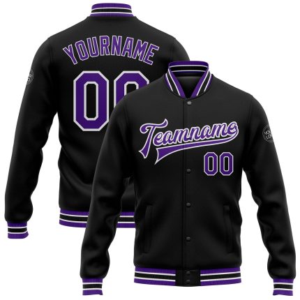Personalized Varsity Letterman Jacket Black Purple White Full-Snap Bomber Jacket Personalized Black Purple-White Bomber Full-Snap