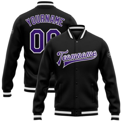 Personalized Varsity Letterman Jacket Black Purple White Full-Snap Bomber Personalized Black Purple-White Bomber Full-Snap