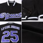 Personalized Varsity Letterman Jacket Black Purple White Full-Snap Bomber Personalized Black Purple-White Bomber Full-Snap