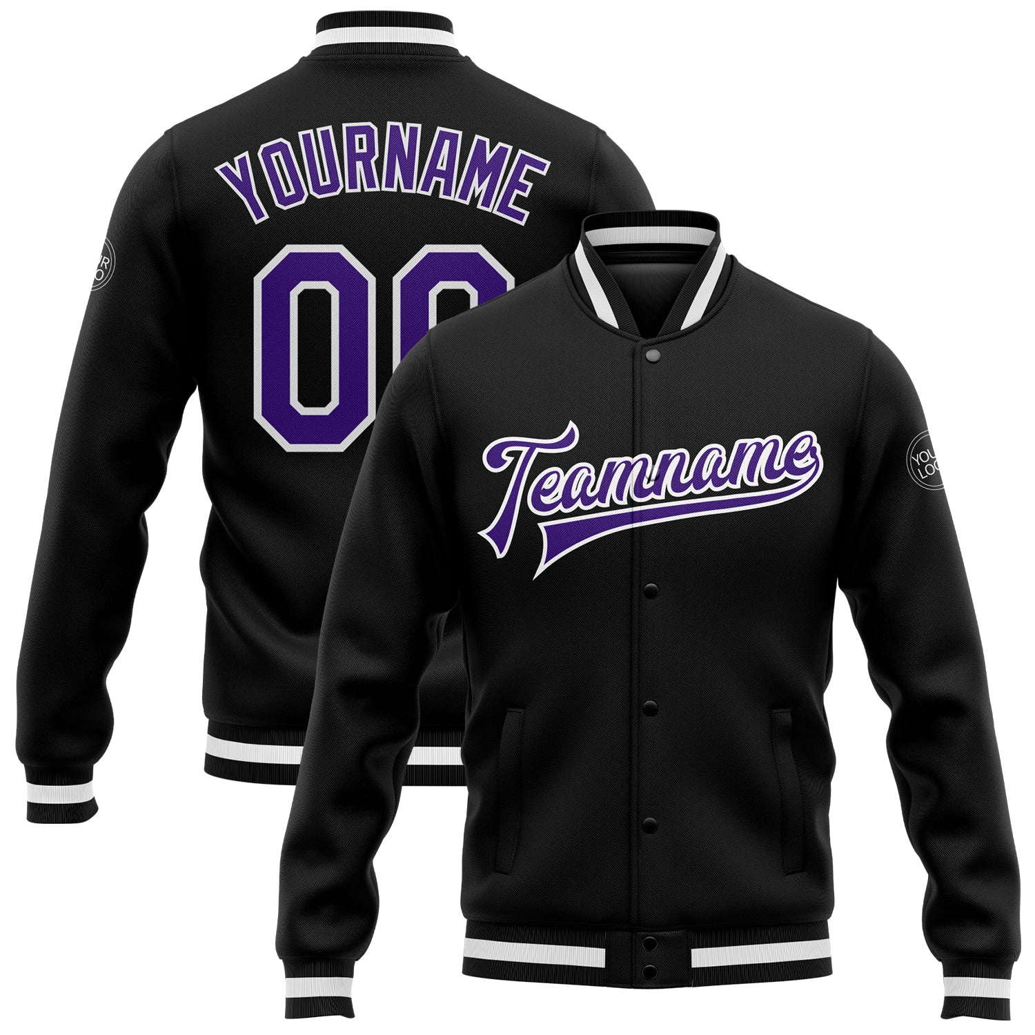 Custom Name & Number Varsity Letterman Jacket Black Purple White Bomber Full-Snap Personalized Black Purple-White Bomber