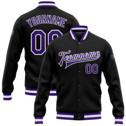 Personalized Varsity Letterman Jacket Black Purple White Full-Snap Bomber Personalized Black Purple-White Bomber Full-Snap