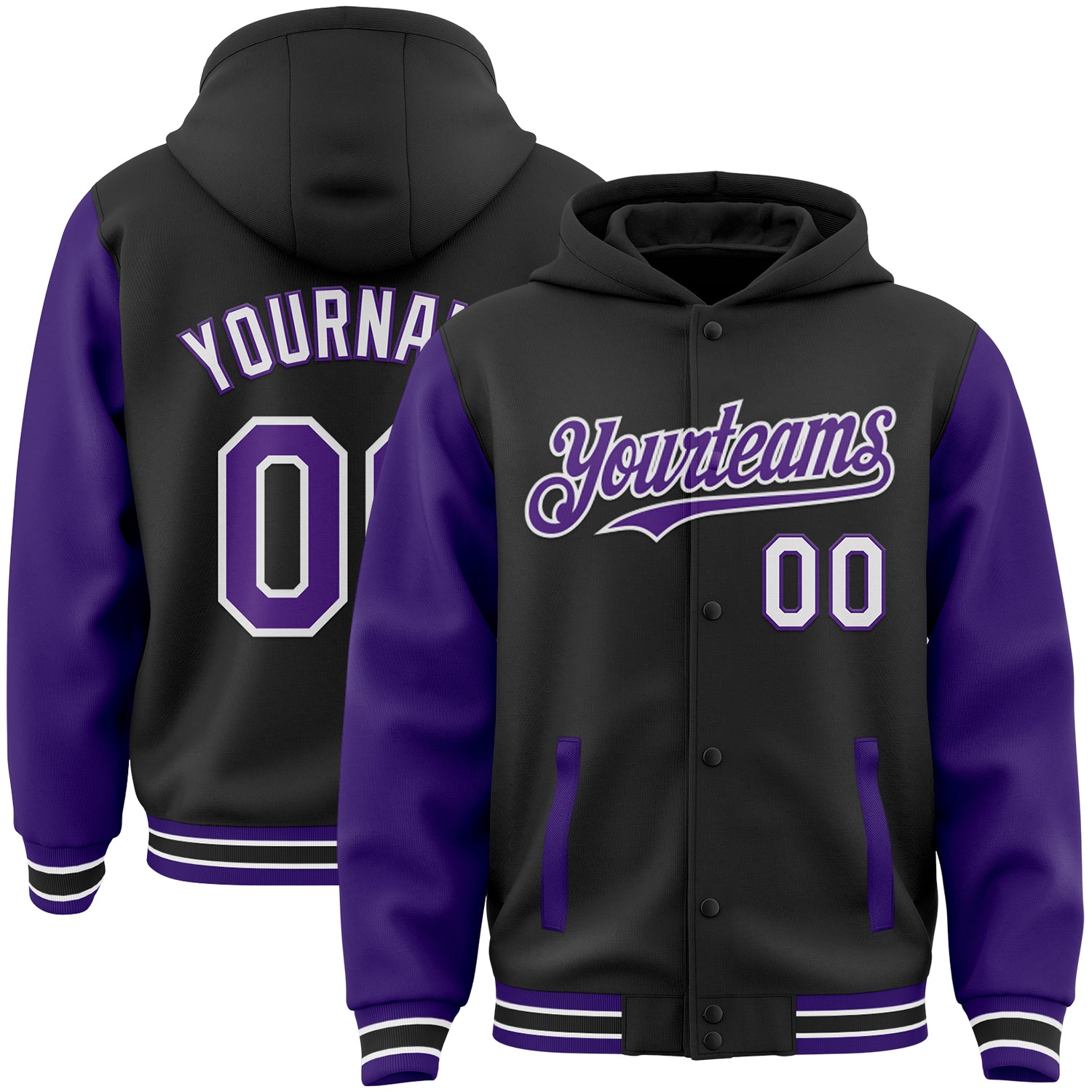 Personalized Two Tone Bomber Hoodie Jacket Black Purple White Full-Snap Varsity Letterman Personalized Black Purple-White