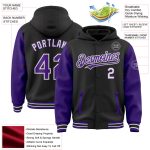 Personalized Two Tone Bomber Hoodie Jacket Black Purple White Full-Snap Varsity Letterman Personalized Black Purple-White