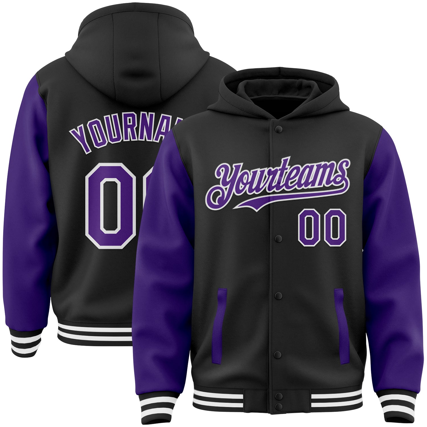 Custom Team Bomber Hoodie Jacket - Personalized Two Tone Black Purple White Full-Snap Varsity with Name and Number Personalized