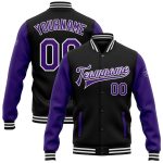 Personalized Varsity Letterman Bomber Jacket Black Purple White Two Tone Full-Snap Personalized Black Purple-White Bomber