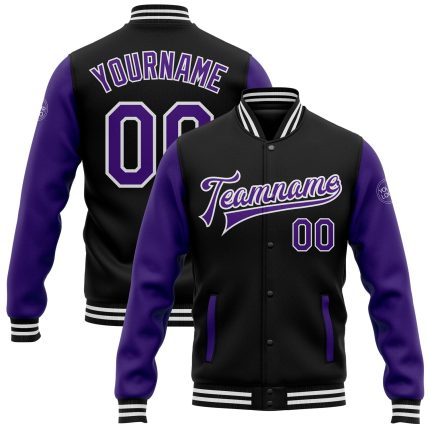 Personalized Varsity Letterman Bomber Jacket Black Purple White Two Tone Full-Snap Personalized Black Purple-White Bomber