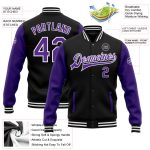 Personalized Varsity Letterman Bomber Jacket Black Purple White Two Tone Full-Snap Personalized Black Purple-White Bomber