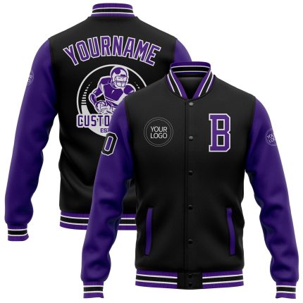 Personalized Two-Tone Black Purple White Bomber Varsity Letterman Jacket Full-Snap for Men Personalized Black Purple-White