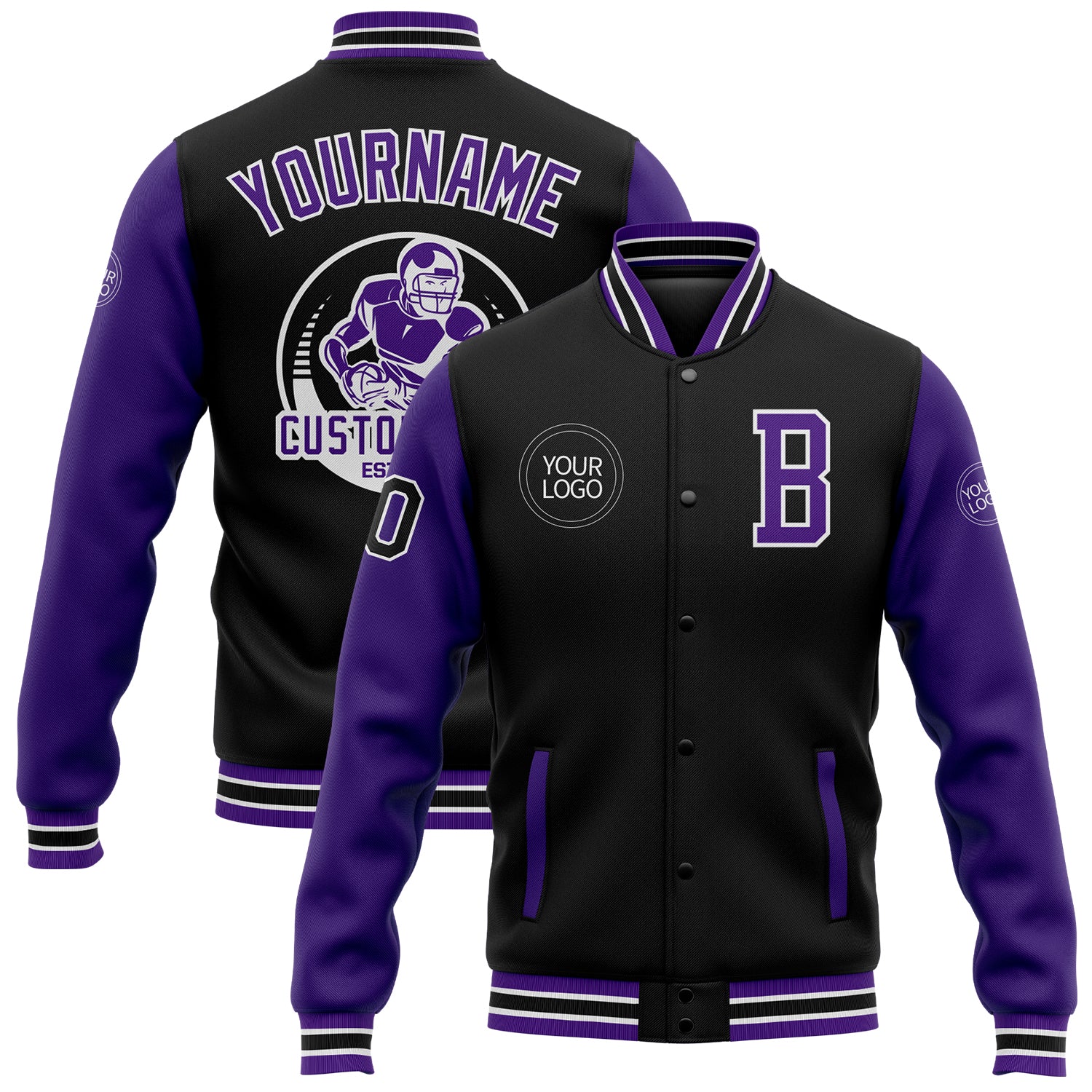 Personalized Two-Tone Black Purple White Bomber Varsity Letterman Jacket Full-Snap for Men Personalized Black Purple-White