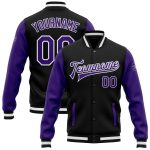 Custom Team Bomber Jacket with Name and Number - Personalized Two Tone Black Purple White Varsity Full-Snap Letterman Personalized