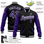 Custom Team Bomber Jacket with Name and Number - Personalized Two Tone Black Purple White Varsity Full-Snap Letterman Personalized