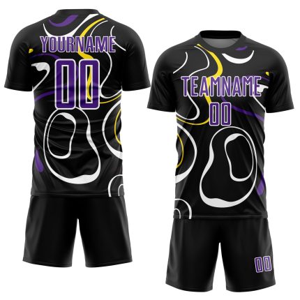 Custom Name and Number Sublimation Soccer Jersey - Personalized Black Purple-White Fluid Shapes Team Uniform Personalized