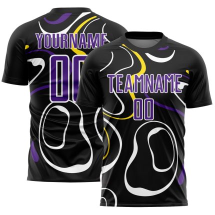 Custom Name and Number Sublimation Soccer Jersey - Personalized Black Purple-White Fluid Shapes Team Uniform Personalized