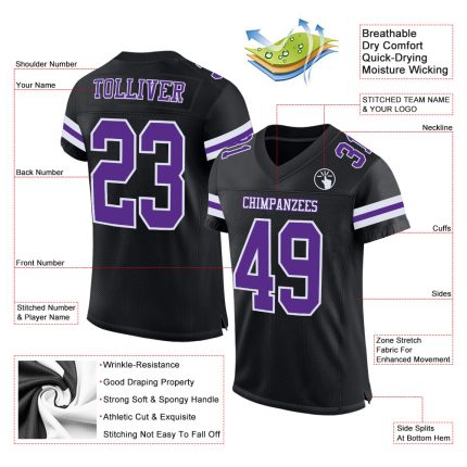 Personalized Black Purple White Football Jersey - Custom Mesh Sports Apparel Personalized Black Purple-White Mesh Football
