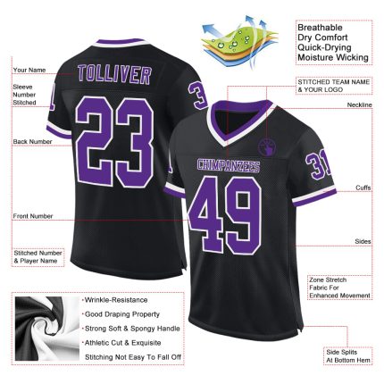 Personalized Throwback Football Jersey - Black Purple White Mesh Design Personalized Black Purple-White Mesh Throwback Football