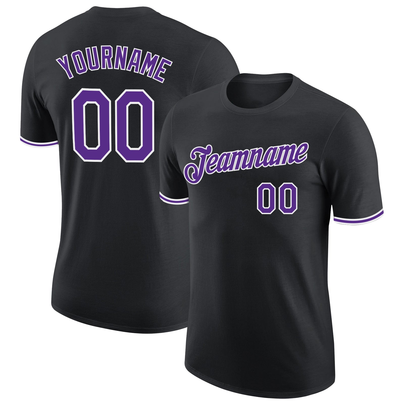 Custom Team Name Number Performance T-Shirt - Personalized Black Purple and White Design Personalized Black Purple-White