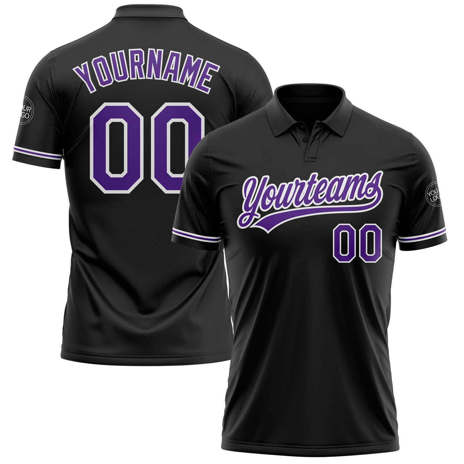 Custom Personalized Golf Polo Shirt with Name and Number - Black Purple-White Performance Vapor Personalized Black Purple-White