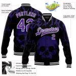 Personalized 3D Skull Varsity Jacket Black Purple White Bomber Full-Snap Fashion Personalized Black Purple-White Skull Fashion