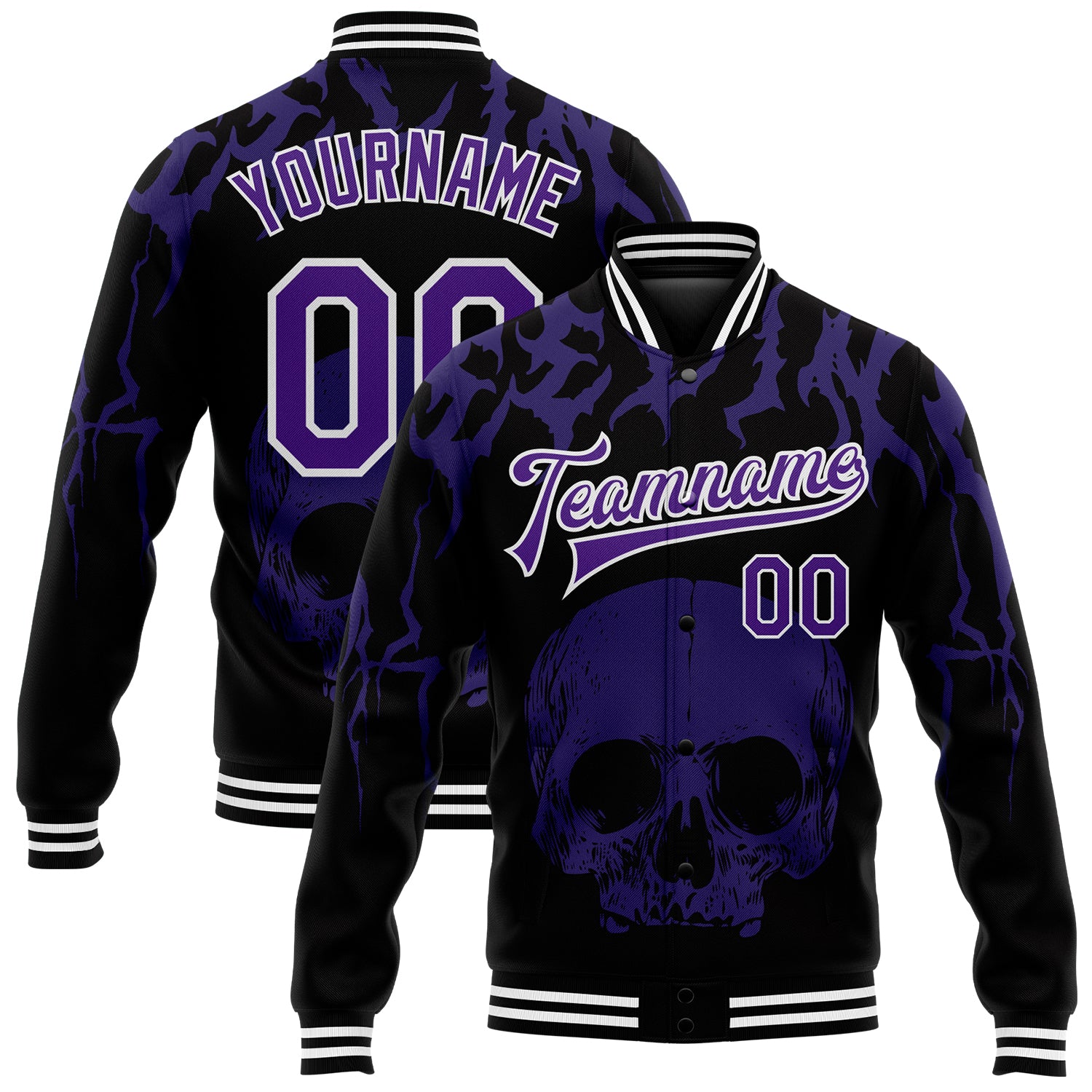 Custom Name Number Black Purple White Skull 3D Bomber Varsity Letterman Jacket Fashion Full-Snap Team Jacket Personalized
