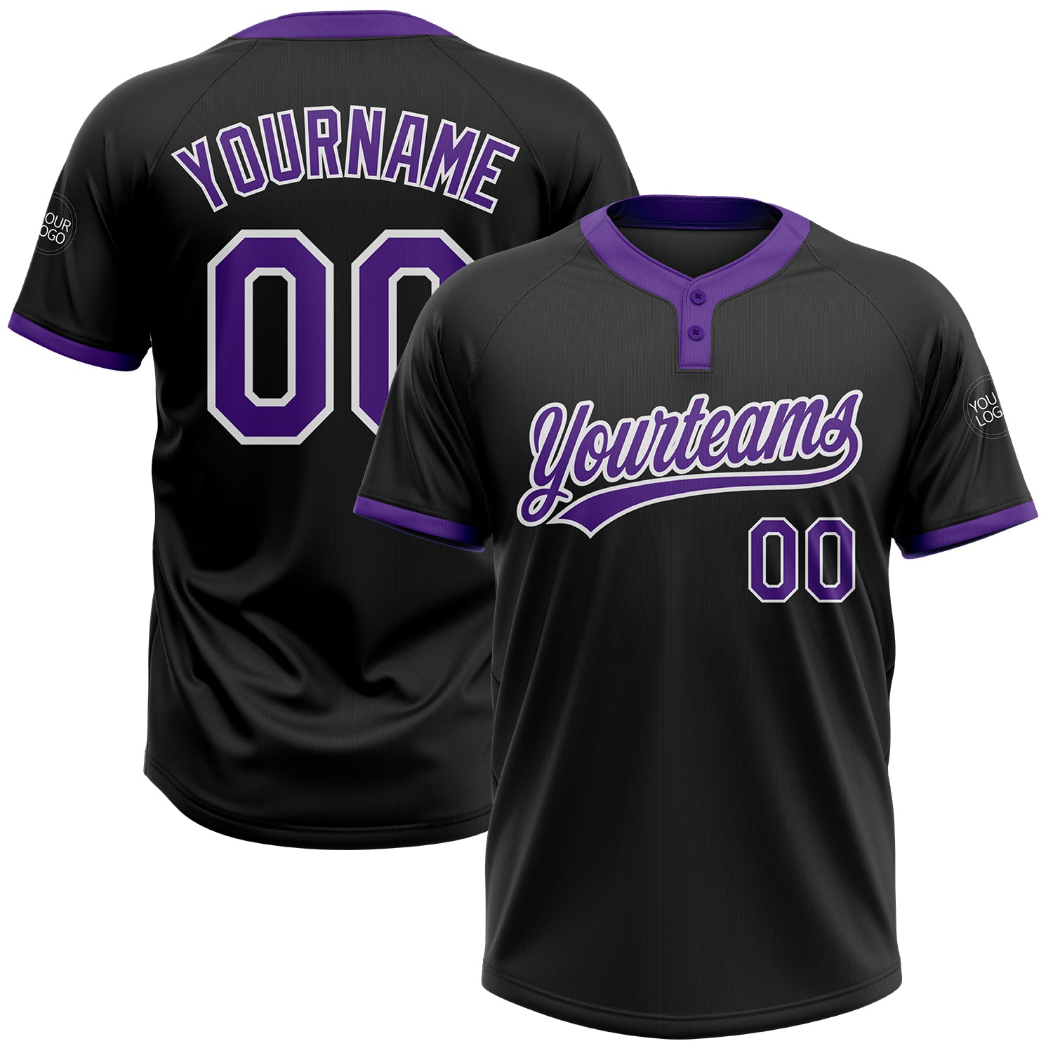 Custom Name and Number Unisex Softball Jersey in Black Purple-White, Two-Button Design Personalized Black Purple-White Two-Button
