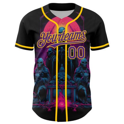Personalized Rave Skull Jersey - Custom Name & Number - Black Purple-Yellow 3D Pattern Baseball Jersey Personalized Black