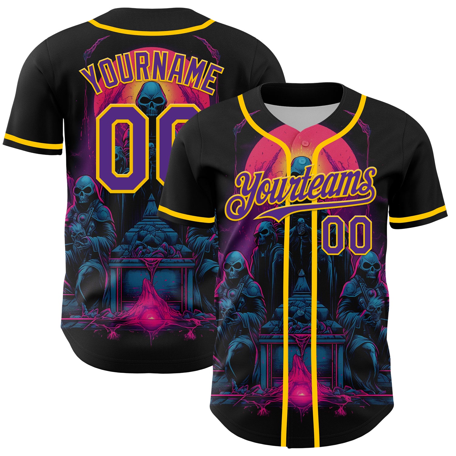 Personalized Rave Skull Jersey - Custom Name & Number - Black Purple-Yellow 3D Pattern Baseball Jersey Personalized Black