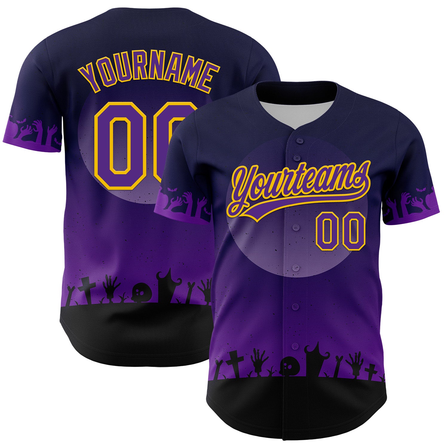 Personalized Halloween Skull 3D Pattern Baseball Jersey with Custom Name and Number - Black Purple-Yellow Design Personalized