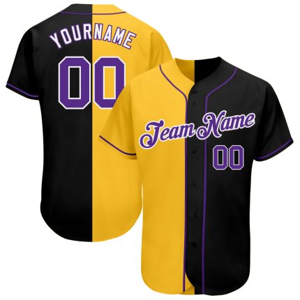 Custom Name and Number Authentic Split Fashion Baseball Jersey - Personalized Black Purple Yellow Team Jersey Personalized