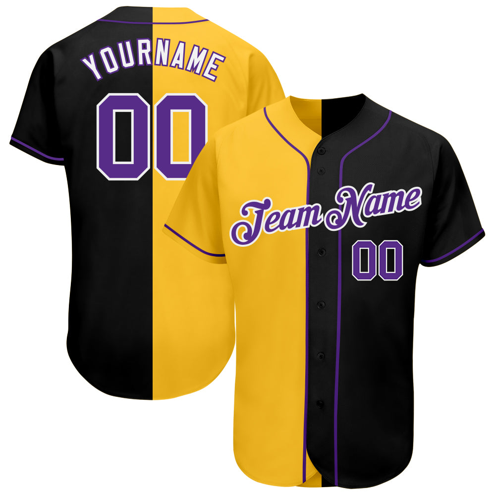 Custom Name and Number Authentic Split Fashion Baseball Jersey - Personalized Black Purple Yellow Team Jersey Personalized