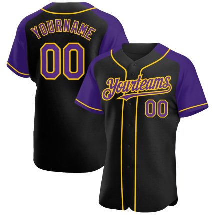 Personalized Black Purple Yellow Baseball Jersey with Raglan Sleeves Personalized Black Purple-Yellow Raglan Sleeves Baseball