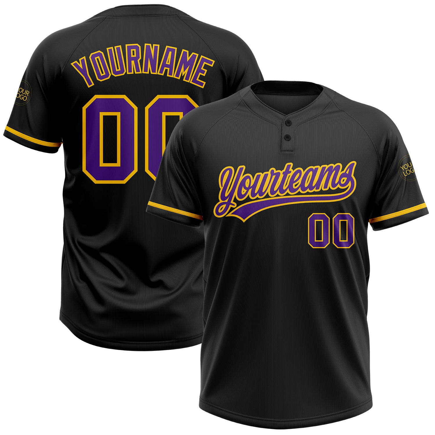Custom Softball Jersey with Name & Number - Personalized Unisex Black Purple Yellow Two-Button Design Personalized Black