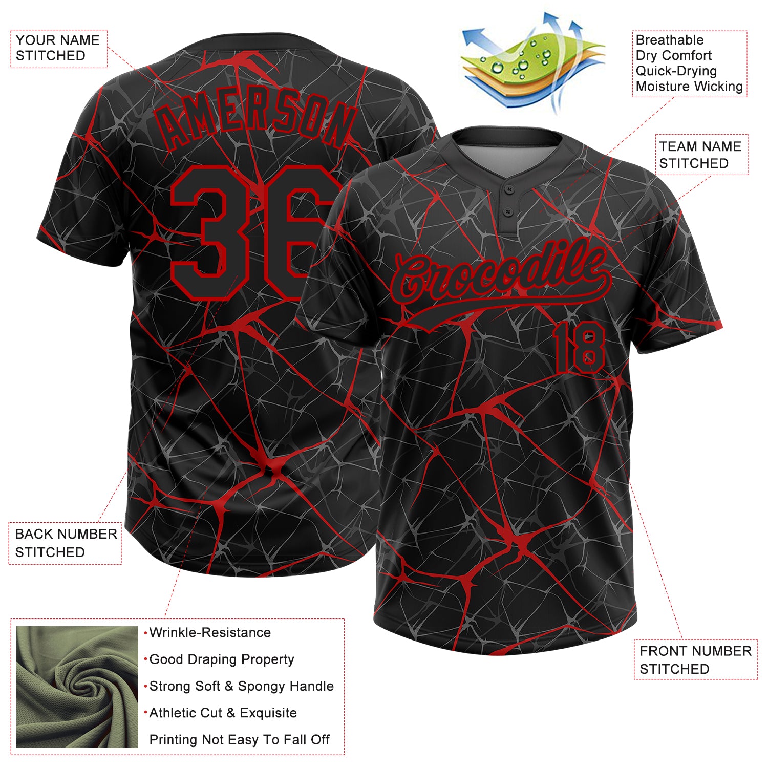 Custom 3D Abstract Network Black Red Unisex Softball Jersey - Personalized Two-Button Design Personalized Black Red 3D Abstract - Image 3