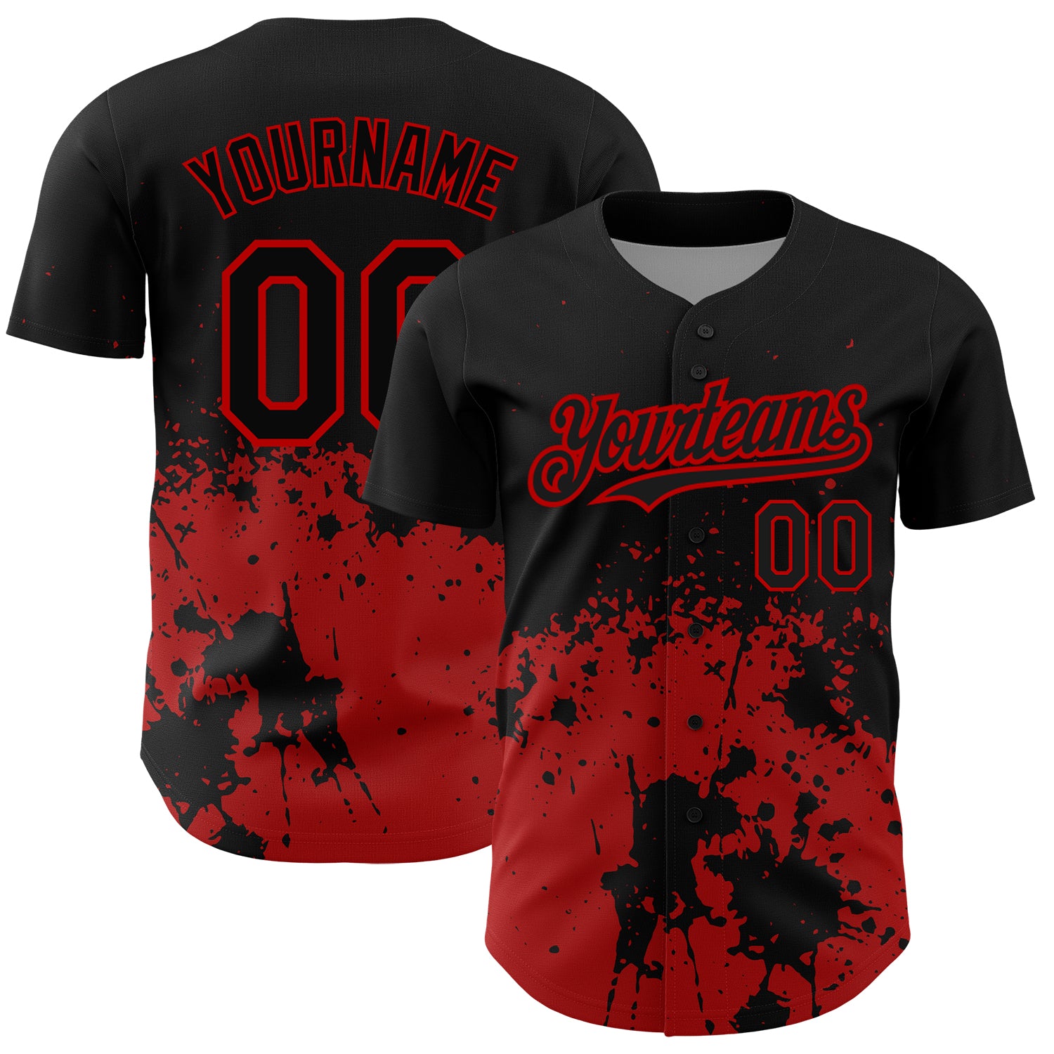 Personalized 3D Abstract Splash Grunge Art Baseball Jersey - Black Red Design Personalized Black Red 3D Abstract Splash Grunge