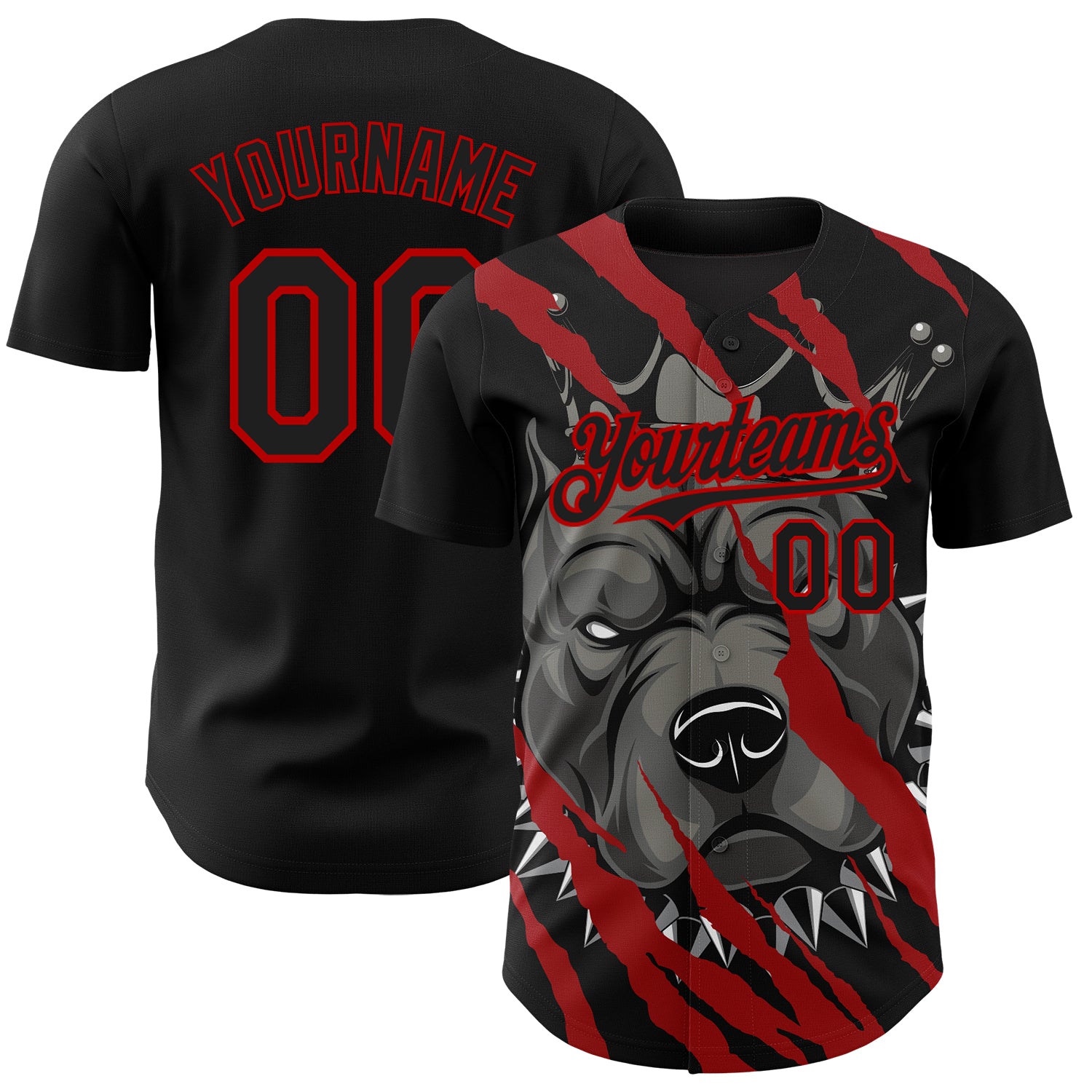 Personalized Pitbull Dog Baseball Jersey in Black and Red - Unique 3D Design Personalized Black Red 3D Animal Pitbull Dog
